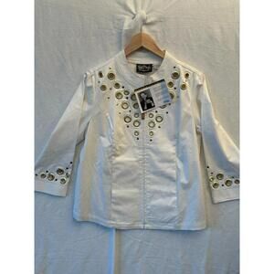 Bob Mackie Wearable Art White Zip Up Jacket Gold Grommets Eyelets Size S